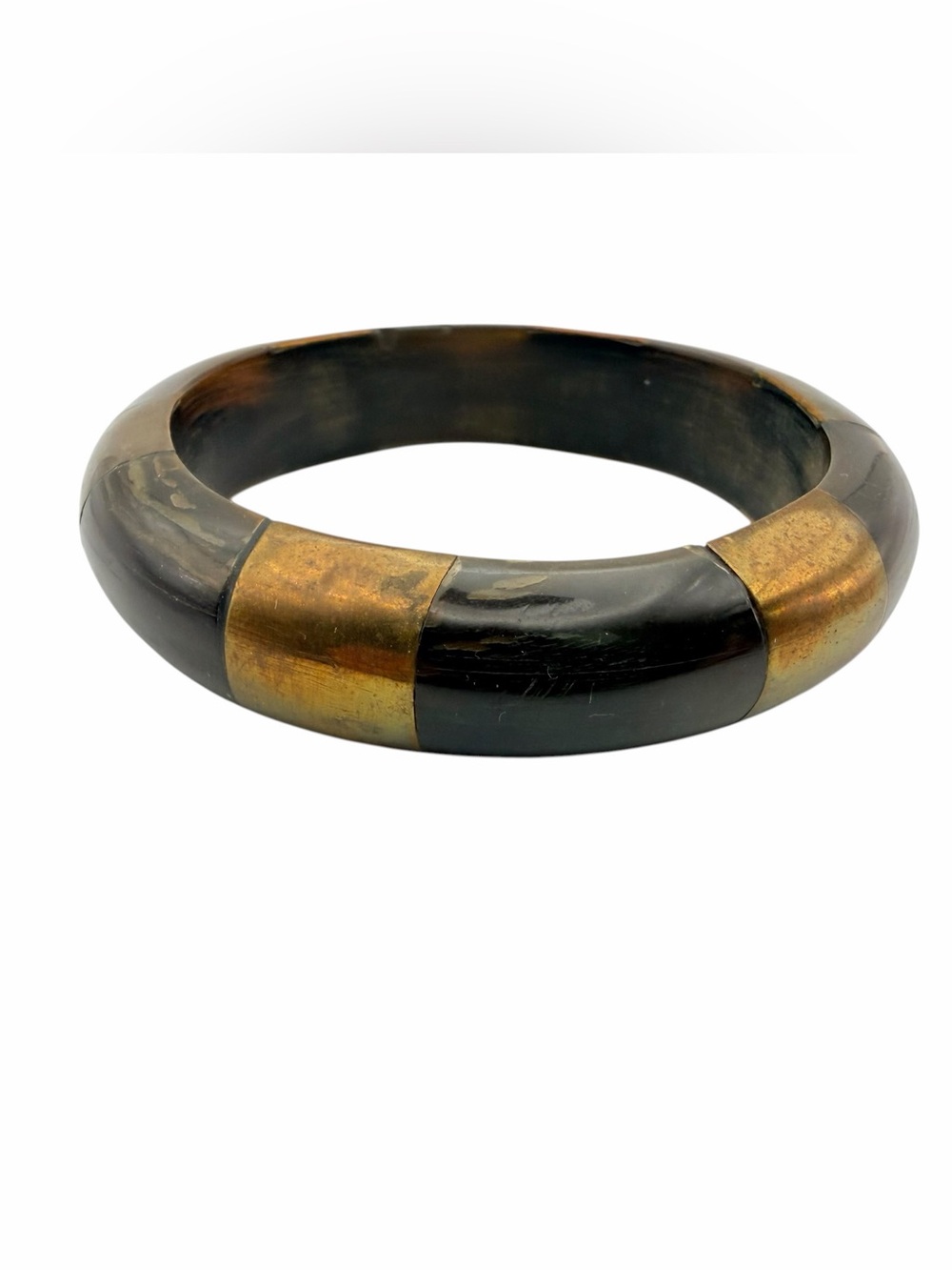 Vintage 70s Vintage Brass and Horn Inlay Chunky Bangle Bracelet